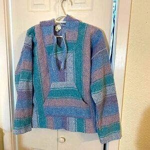 Pastel Pink Blue Striped Baja Knit Hooded Drug Rug Sweater M